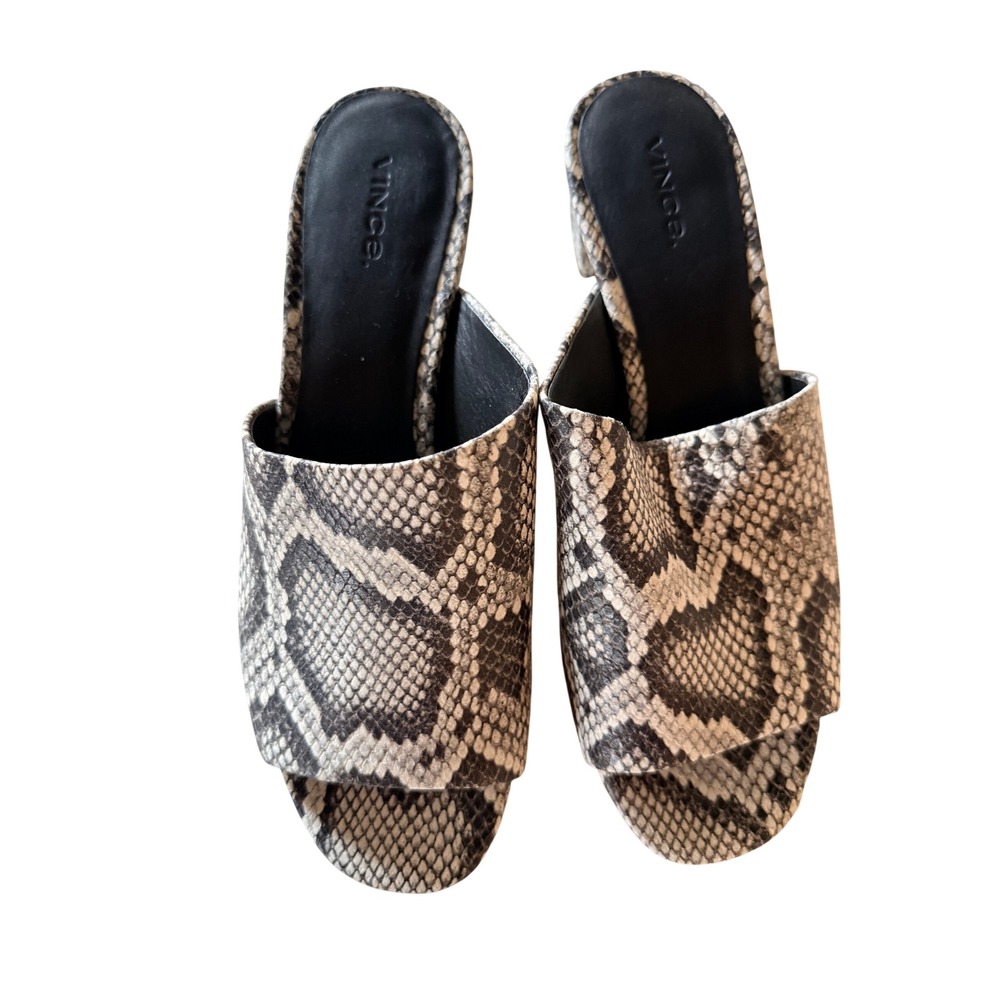 Vince Ripley-B Snakeskin Print Leather Block Heel Mules Sahara G9721L2 Womens 9M